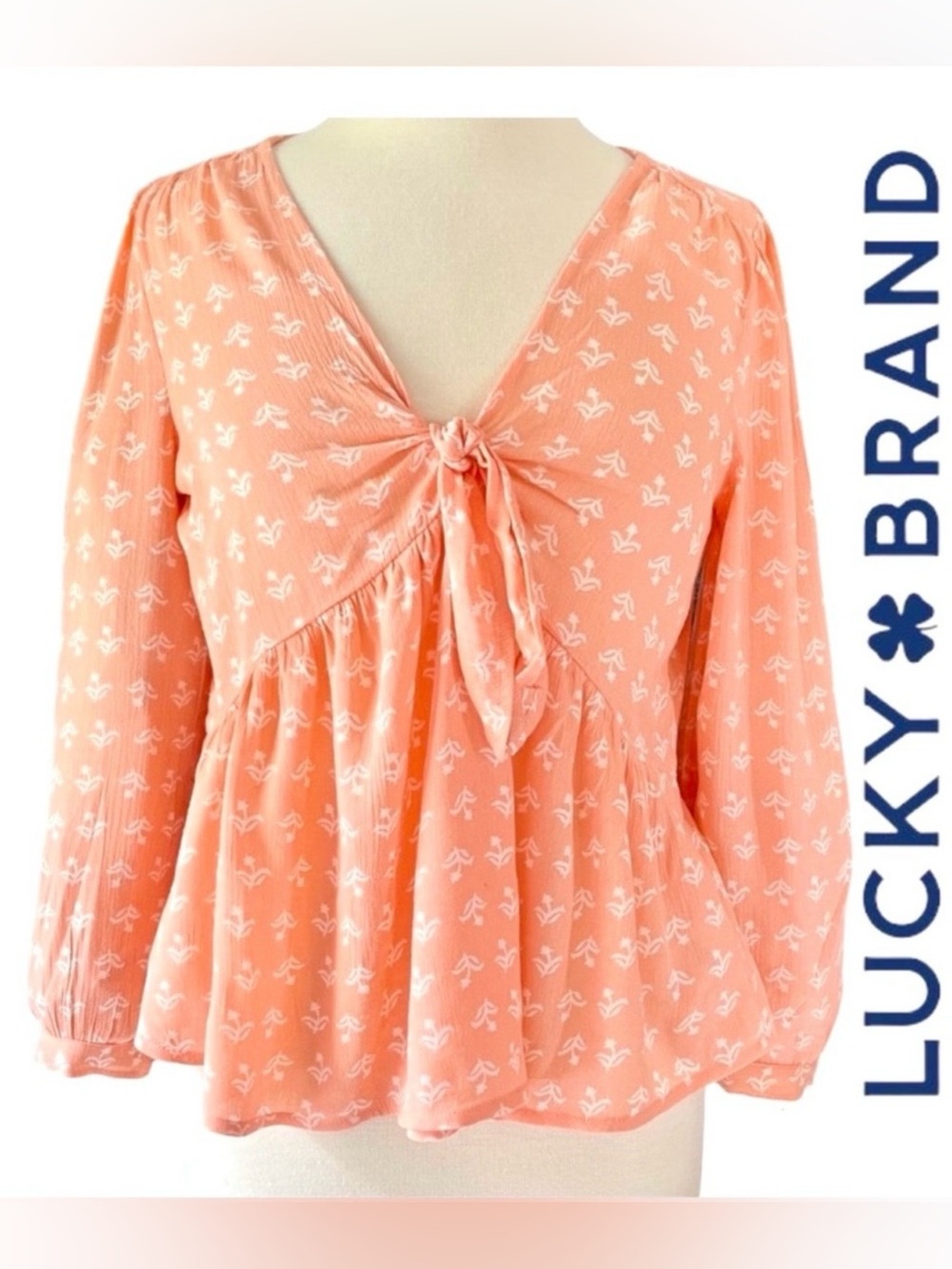 Lucky Brand Peach Floral Tie Front Boho Blouse Top Size Small